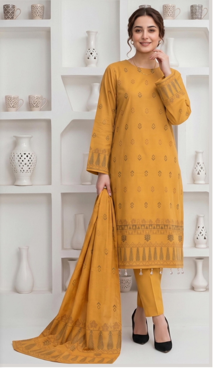 Winter Staple Viscose Jacquard 3-Piece Suit - Mustard
