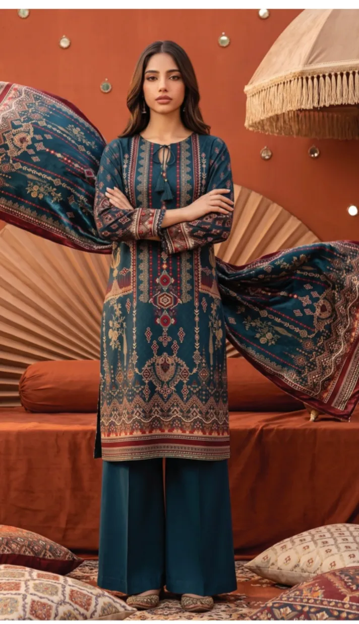 Teal Blue – Viscose Velvet Dora Series: Teal Empress (Unstitched)  