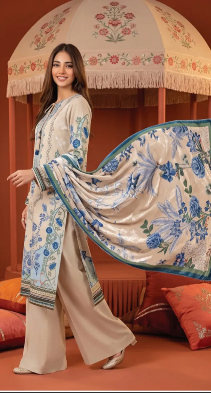 Viscose Velvet Dora Series: Ivory Blue Luxe (Unstitched)  