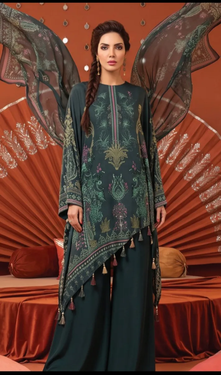 Dark Pine Green – Viscose Velvet Dora Series: Emerald Cascade (Unstitched) 
