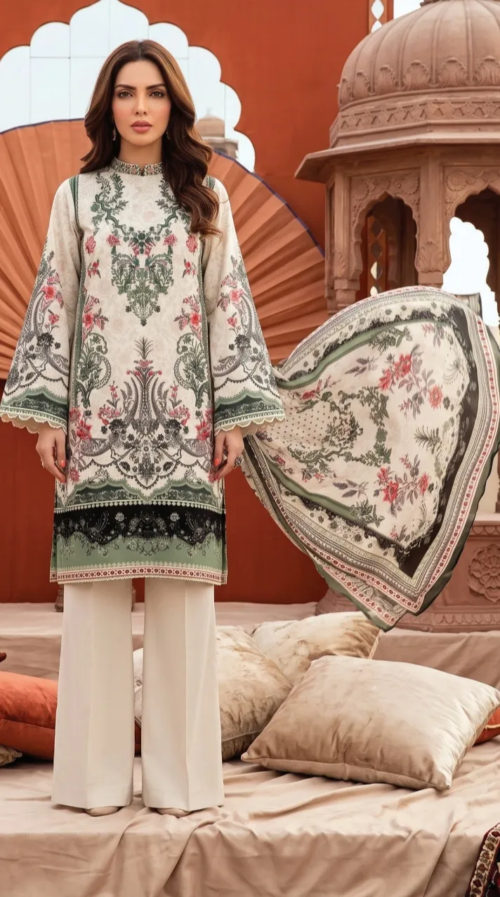 Off-White – Viscose Velvet Dora Series: Ivory Bloom (Unstitched)  