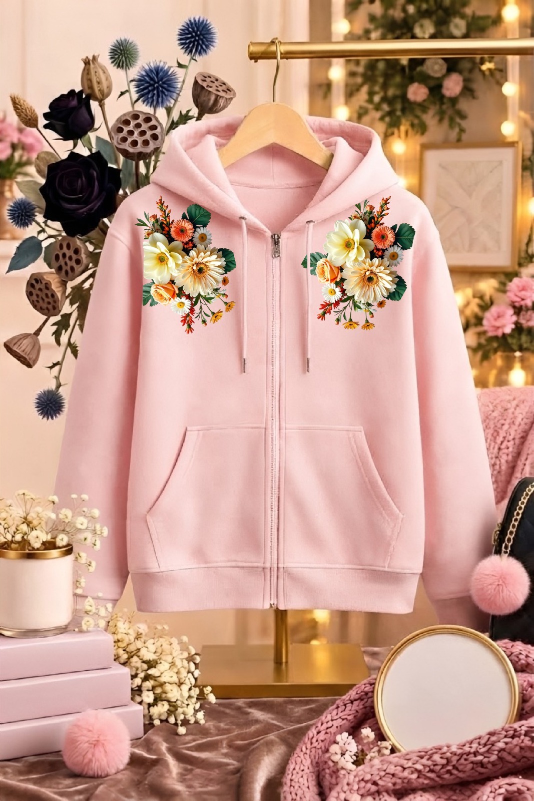 🌺 Winter Arrival — Digital Flower DTF Zipper Hoodies ❄️
