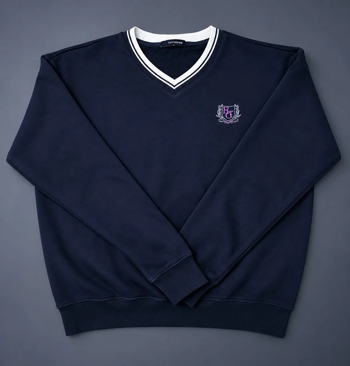 Navy V-Neck Sweat shirt with Crest 