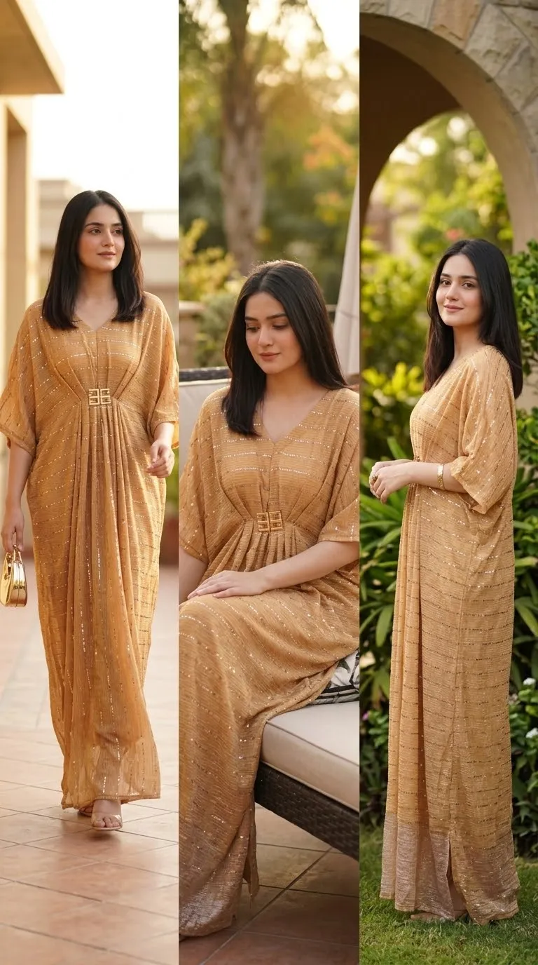 Moonlight Fabric Long Kaftan for Women with Bakkal & Attached Crepe Inner – Free Size Modest Maxi Kaftan Dress (54/55 Inches)