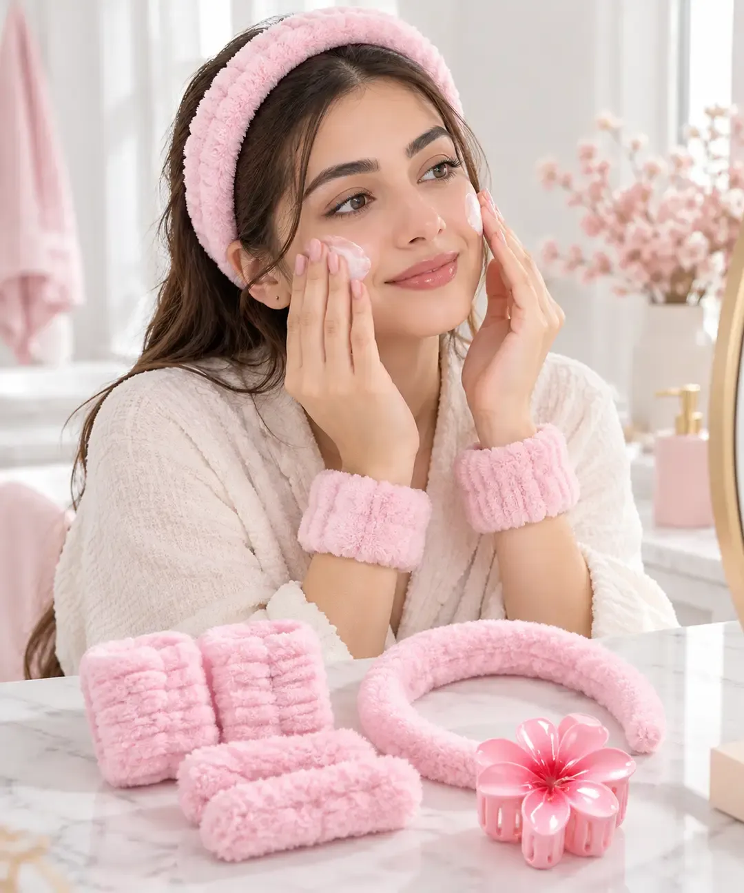 Fluffy Skincare Headband & wristband Set with flower hair clip - Cute Face Washing Accessories 
