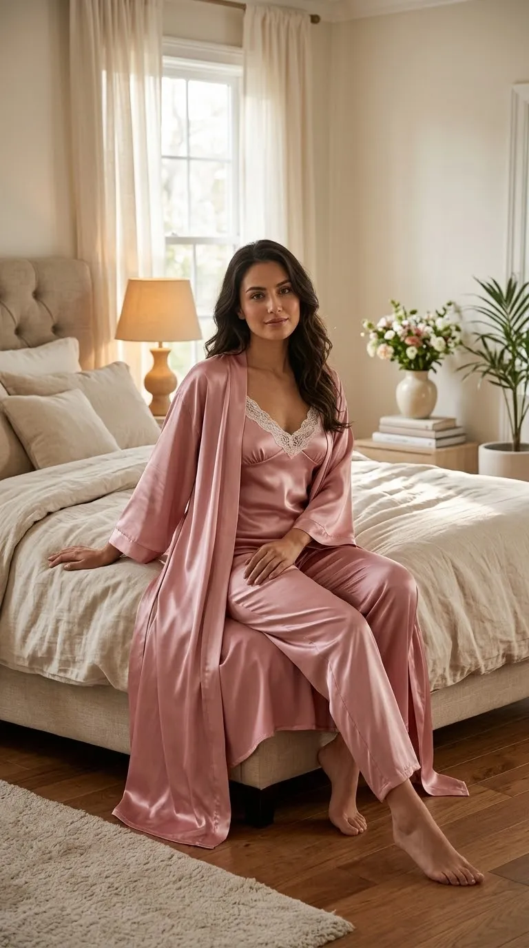 Pink Silk Lace Nightgown Set 3 Pcs Free Size