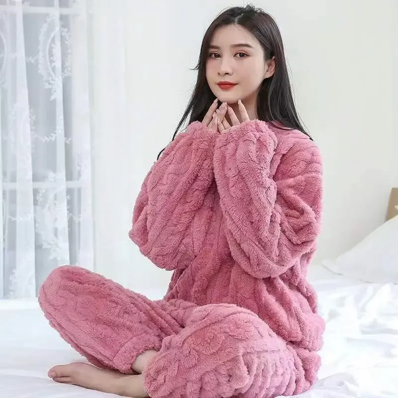Pink Flannel Warm Winter Loungewear Suit for Women