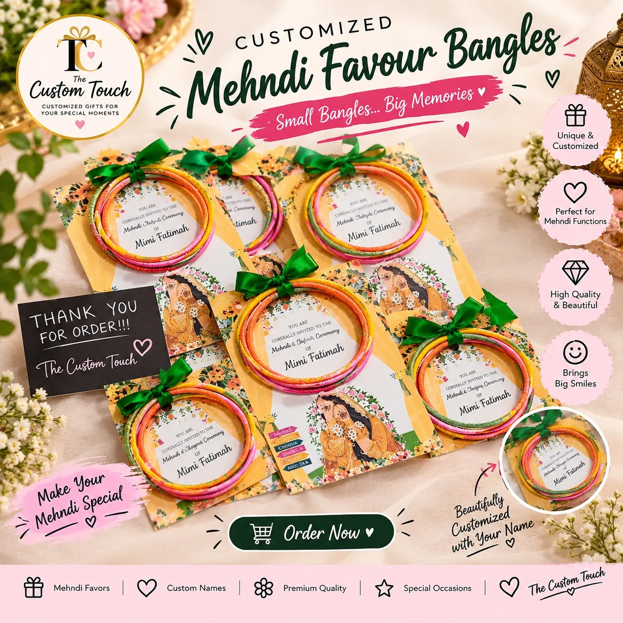 💚 Customized Mehndi Favour Bangles – The Custom Touch 🌸
