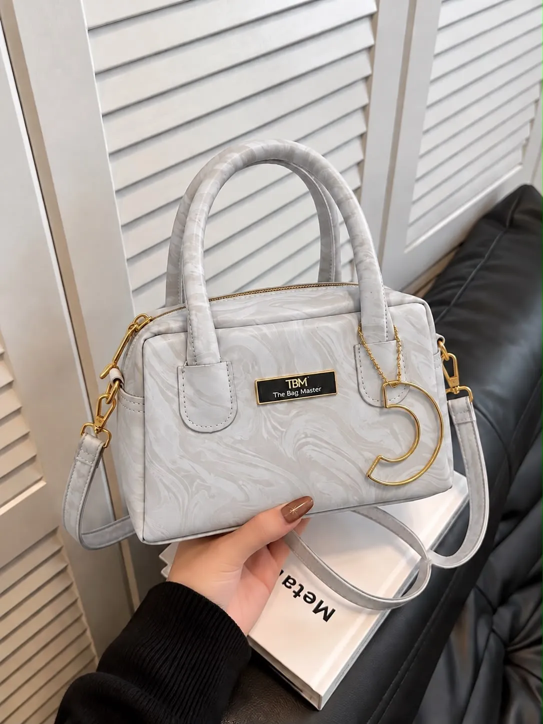 TBM Elegant Marble Pattern Handbag with Long Belt