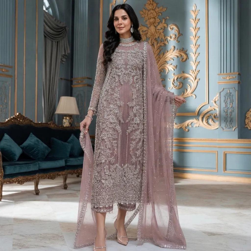 LAAM Designer Net Embroidered Suit with Satin Silk Trouser