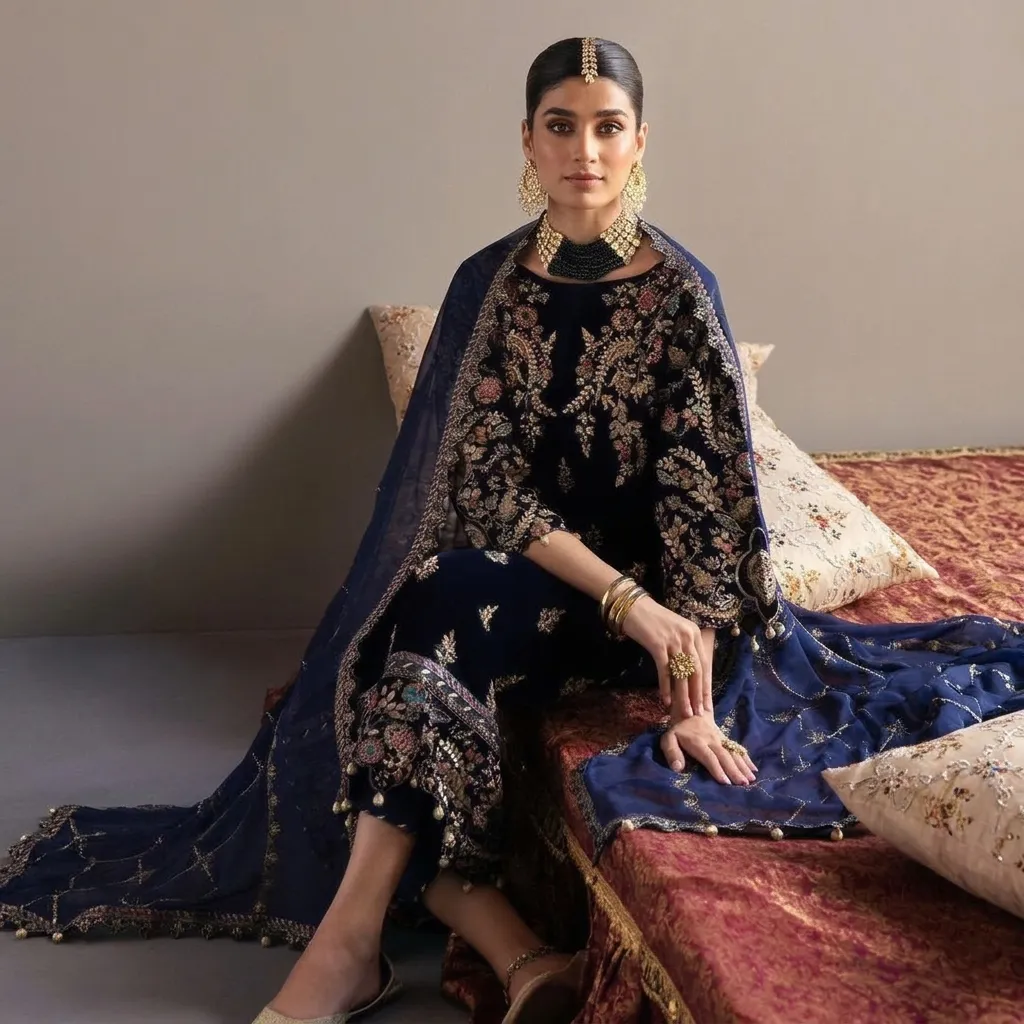 Emaan Adeel Heavy Embroidered Velvet Suit with Chiffon Dupatta