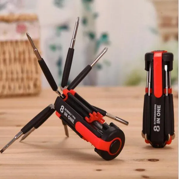 Compact 8-in-1 Screwdriver Tool Red Black ABS