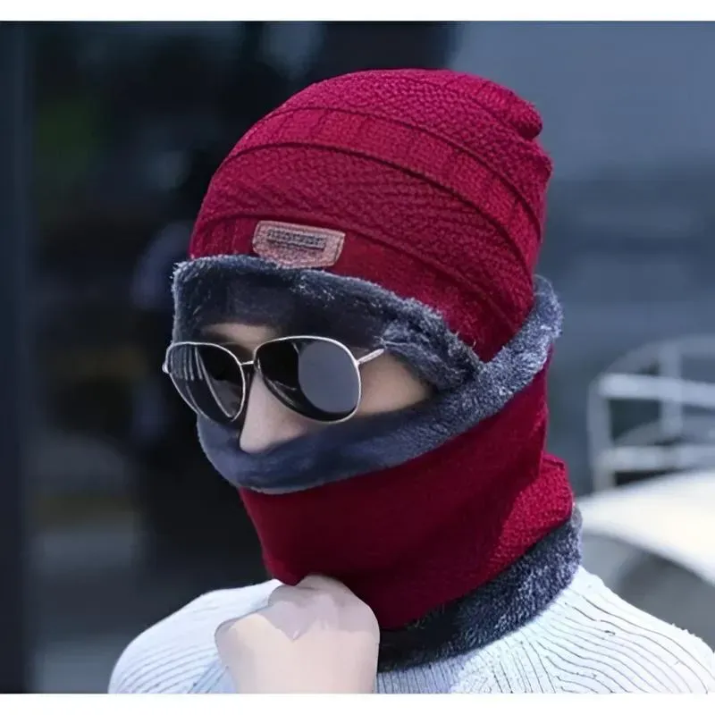 Men Red Wool Winter Cap with Neck Warmer