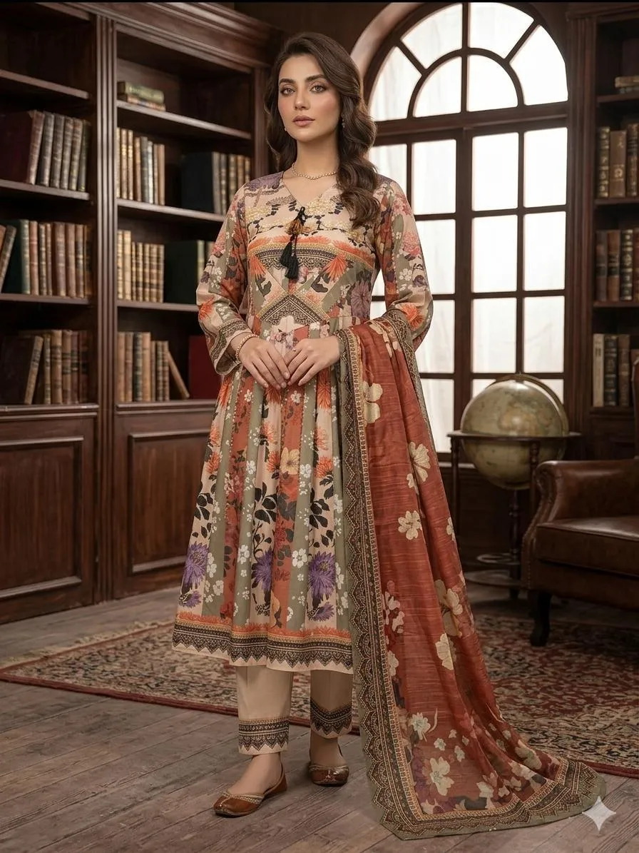 Women's Digital Printed Winter 3-Piece Frock Suit with Flapper & Dupatta