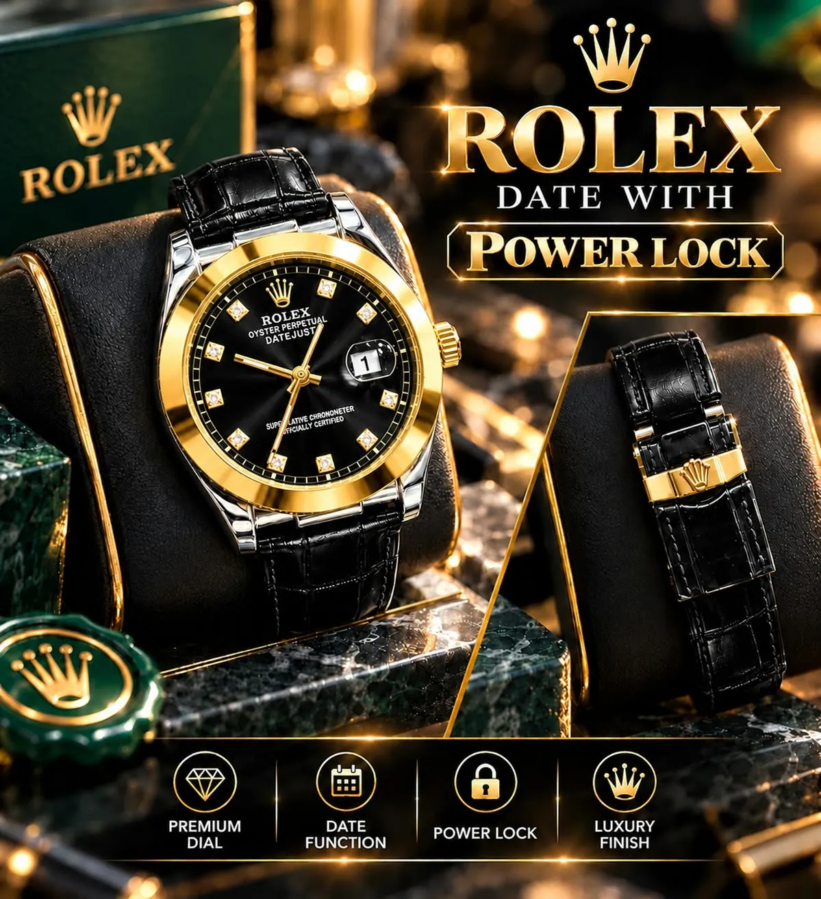 Luxury Style Gents Watch – Green Crocodile-Pattern Strap, Date Display & Premium Box